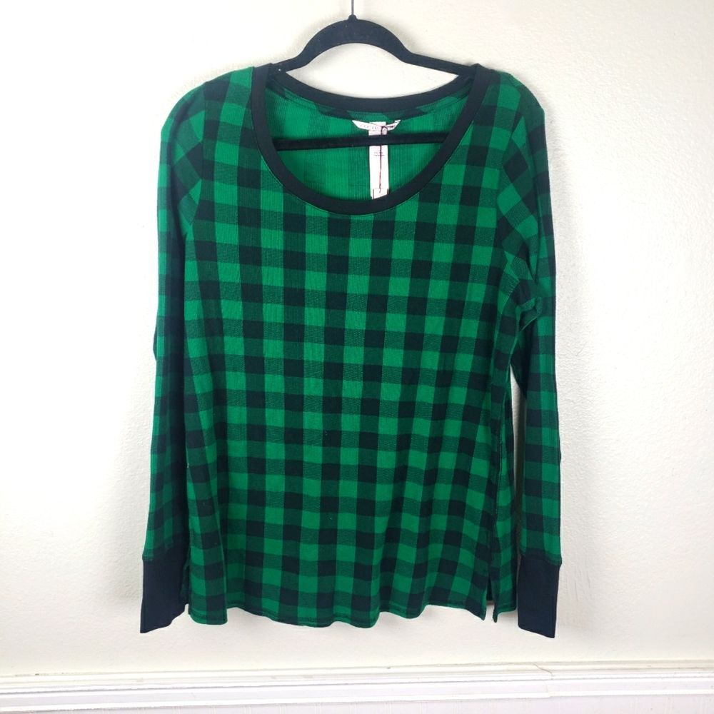 Women's NWT Victoria Secrets Green Plaid Checkered Thermal Pajama Top Sz Large